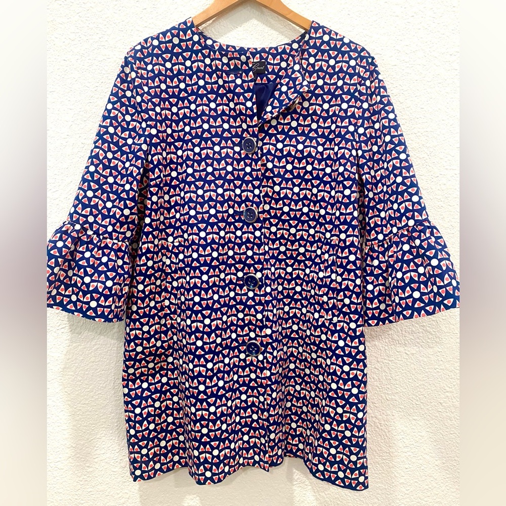 Eden Court Women’s Size Large Stylish Blue Coral White Geometric Blazer Jacket
